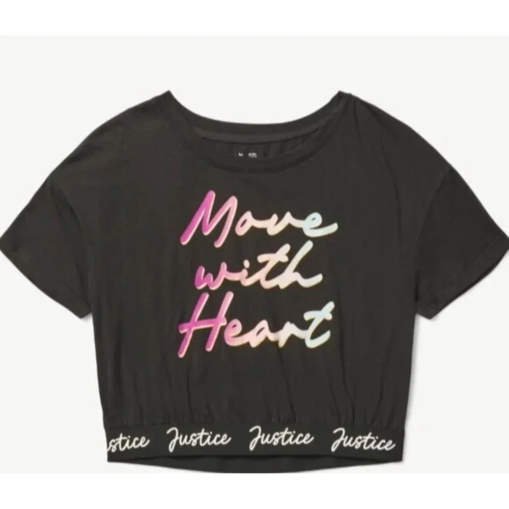 JUSTICE Dance Gymnastics Crop Move With Heart Black Shirt GIRLS SIZE XS 5-6 NEW